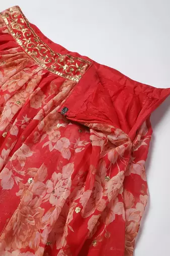 Red & Gold-Toned Embellished Sequinned Semi-Stitched  Lehenga & Unstitched Blouse