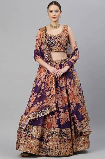 Purple sequins and zari embroidery on digital floral printed organza fabric indian wedding lehenga dress
