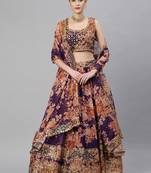 Purple sequins and zari embroidery on digital floral printed organza fabric indian wedding lehenga dress