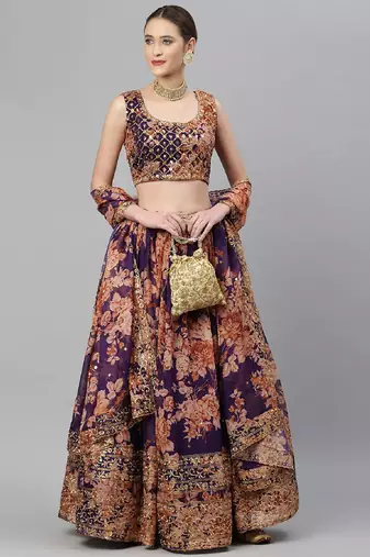 Purple sequins and zari embroidery on digital floral printed organza fabric indian wedding lehenga dress