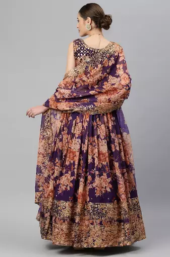 Purple sequins and zari embroidery on digital floral printed organza fabric indian wedding lehenga dress