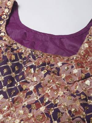 Purple sequins and zari embroidery on digital floral printed organza fabric indian wedding lehenga dress 5