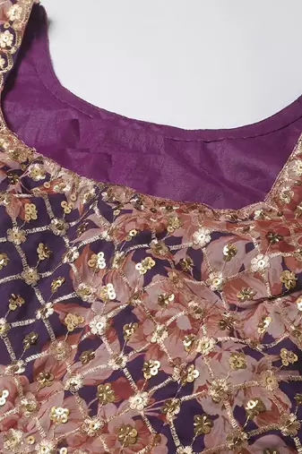 Purple sequins and zari embroidery on digital floral printed organza fabric indian wedding lehenga dress