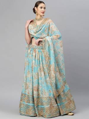 Blue & Peach-Coloured Embellished Sequinned  Lehenga & Unstitched Blouse 1