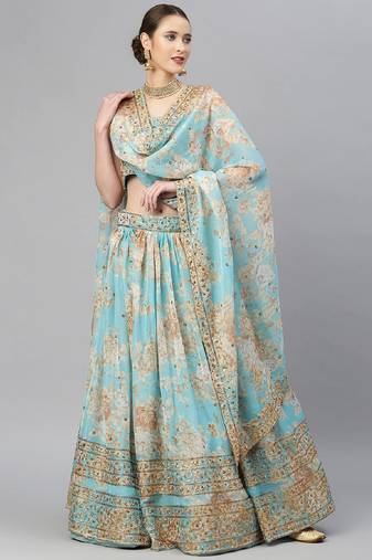 Blue & Peach-Coloured Embellished Sequinned  Lehenga & Unstitched Blouse