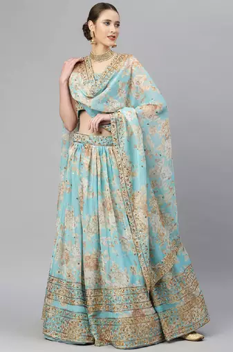 Blue & Peach-Coloured Embellished Sequinned  Lehenga & Unstitched Blouse