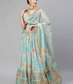 Blue & Peach-Coloured Embellished Sequinned  Lehenga & Unstitched Blouse