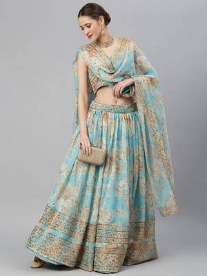 Blue & Peach-Coloured Embellished Sequinned  Lehenga & Unstitched Blouse 2