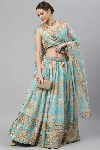 Blue & Peach-Coloured Embellished Sequinned  Lehenga & Unstitched Blouse