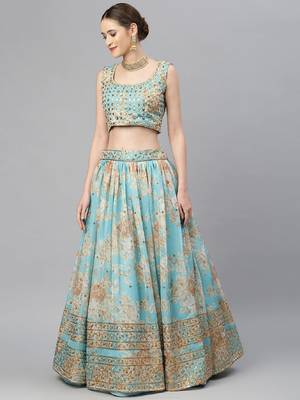 Blue & Peach-Coloured Embellished Sequinned  Lehenga & Unstitched Blouse 3