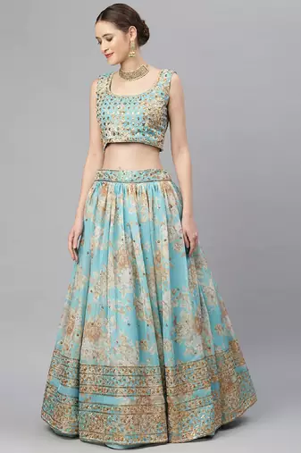 Blue & Peach-Coloured Embellished Sequinned  Lehenga & Unstitched Blouse