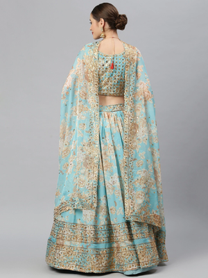 Blue & Peach-Coloured Embellished Sequinned  Lehenga & Unstitched Blouse 4