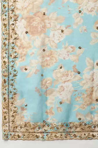 Blue & Peach-Coloured Embellished Sequinned  Lehenga & Unstitched Blouse
