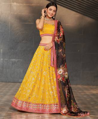 yellow & black dori zari sequins and thread embroidered georgette indian lehenga choli dress designs 1