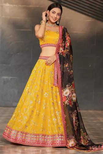 yellow & black dori zari sequins and thread embroidered georgette indian lehenga choli dress designs