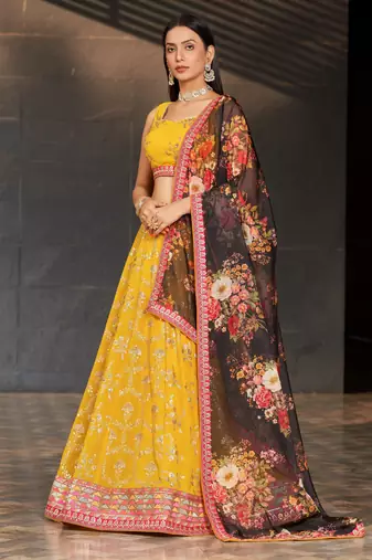 yellow & black dori zari sequins and thread embroidered georgette indian lehenga choli dress designs