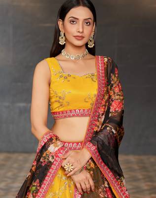 yellow & black dori zari sequins and thread embroidered georgette indian lehenga choli dress designs 3