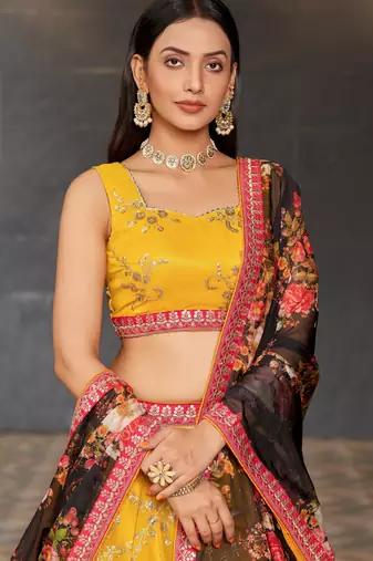 yellow & black dori zari sequins and thread embroidered georgette indian lehenga choli dress designs