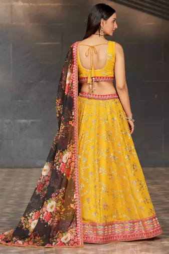 yellow & black dori zari sequins and thread embroidered georgette indian lehenga choli dress designs
