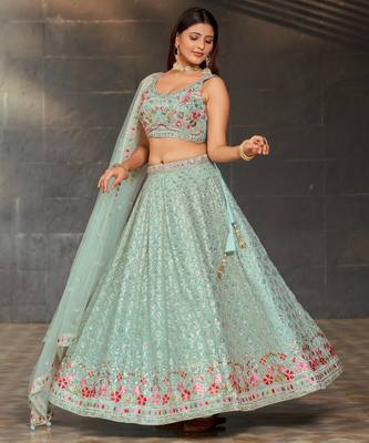 Ethnic Faux Georgette Embroidered Zari Umbrella Lehenga Party Wear 1