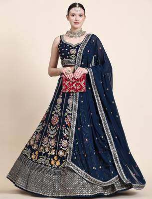 Outstanding Navy Blue Floral Embroidered Georgette Sangeet Wear Lehenga Choli 1