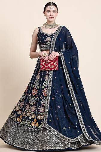 Outstanding Navy Blue Floral Embroidered Georgette Sangeet Wear Lehenga Choli
