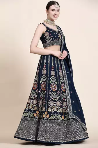 Outstanding Navy Blue Floral Embroidered Georgette Sangeet Wear Lehenga Choli