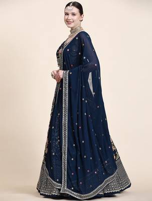Outstanding Navy Blue Floral Embroidered Georgette Sangeet Wear Lehenga Choli 3