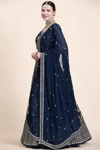 Outstanding Navy Blue Floral Embroidered Georgette Sangeet Wear Lehenga Choli