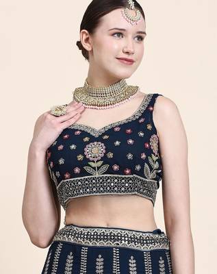 Outstanding Navy Blue Floral Embroidered Georgette Sangeet Wear Lehenga Choli 4