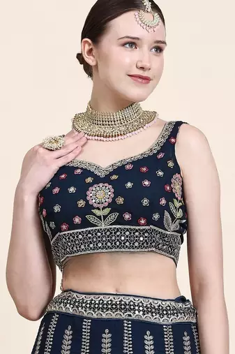 Outstanding Navy Blue Floral Embroidered Georgette Sangeet Wear Lehenga Choli