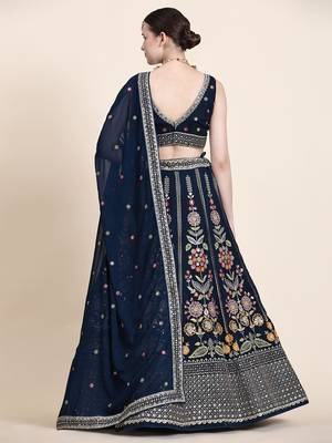 Outstanding Navy Blue Floral Embroidered Georgette Sangeet Wear Lehenga Choli 5