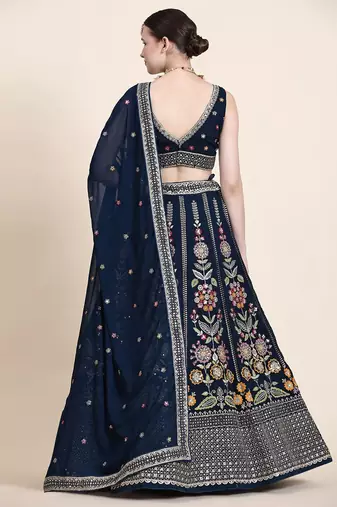 Outstanding Navy Blue Floral Embroidered Georgette Sangeet Wear Lehenga Choli