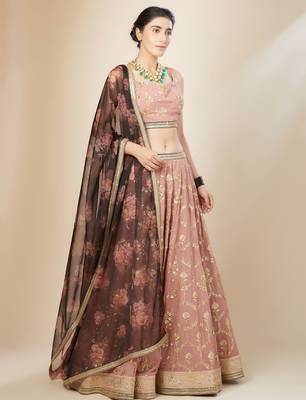 Pink Georgette Digital Print Zari Embroidered Sequins Lehenga Wedding Wear 3