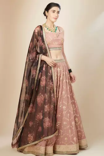 Pink Georgette Digital Print Zari Embroidered Sequins Lehenga Wedding Wear