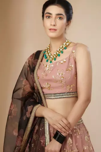 Pink Georgette Digital Print Zari Embroidered Sequins Lehenga Wedding Wear