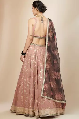 Pink Georgette Digital Print Zari Embroidered Sequins Lehenga Wedding Wear