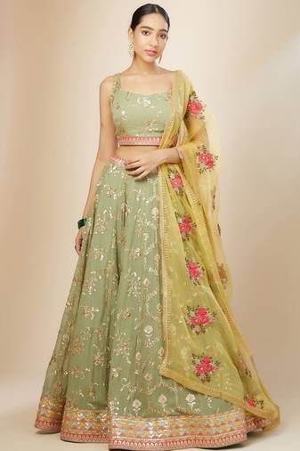 Pista Green Georgette Digital Print Zari Embroidered Sequins Lehenga Wedding Wear