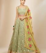 Pista Green Georgette Digital Print Zari Embroidered Sequins Lehenga Wedding Wear