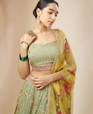 Pista Green Georgette Digital Print Zari Embroidered Sequins Lehenga Wedding Wear 3