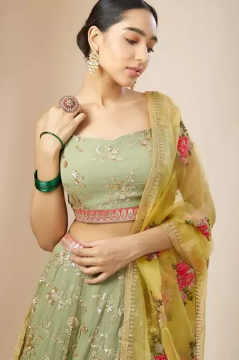 Pista Green Georgette Digital Print Zari Embroidered Sequins Lehenga Wedding Wear