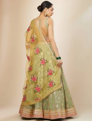 Pista Green Georgette Digital Print Zari Embroidered Sequins Lehenga Wedding Wear 4