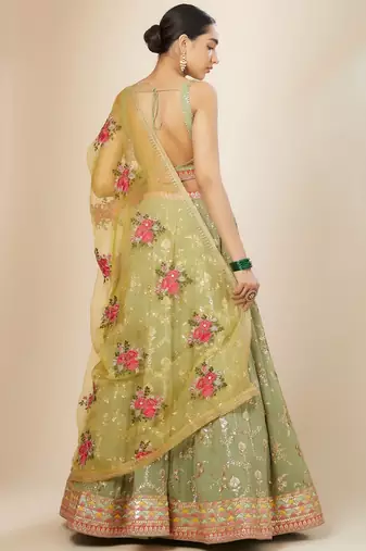 Pista Green Georgette Digital Print Zari Embroidered Sequins Lehenga Wedding Wear