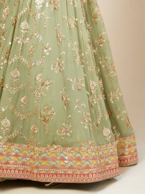 Pista Green Georgette Digital Print Zari Embroidered Sequins Lehenga Wedding Wear 5