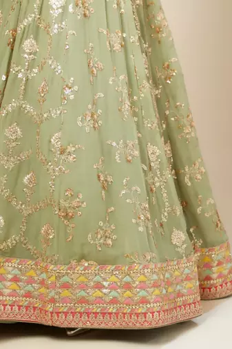 Pista Green Georgette Digital Print Zari Embroidered Sequins Lehenga Wedding Wear