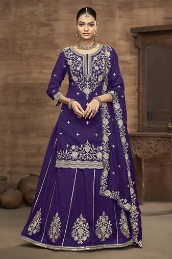 Purple Embroidered  Silk Free Size Full Stitched Suit