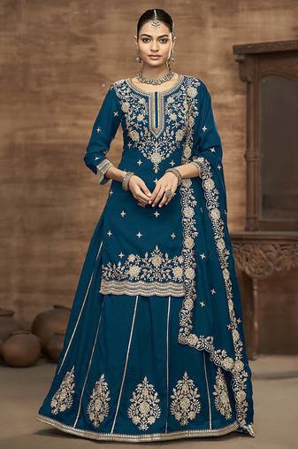 Teal Blue Embroidered  Silk Free Size Full Stitched Suit