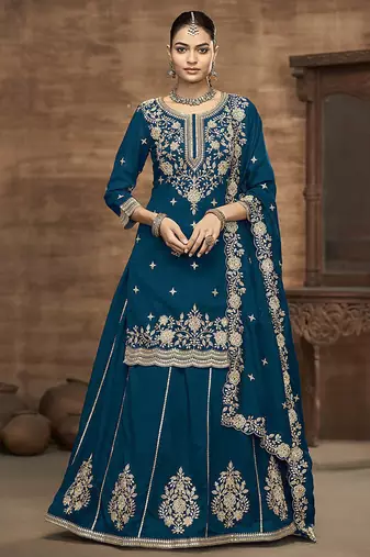 Teal Blue Embroidered  Silk Free Size Full Stitched Suit