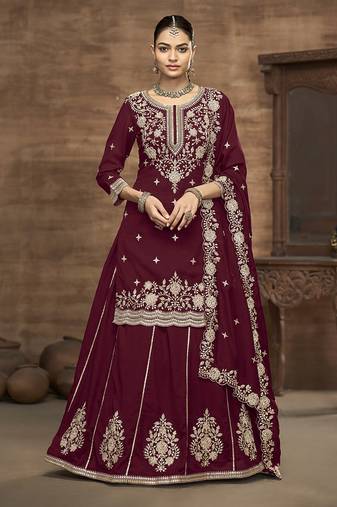 Maroon Embroidered  Silk Free Size Full Stitched Suit