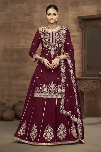 Maroon Embroidered  Silk Free Size Full Stitched Suit